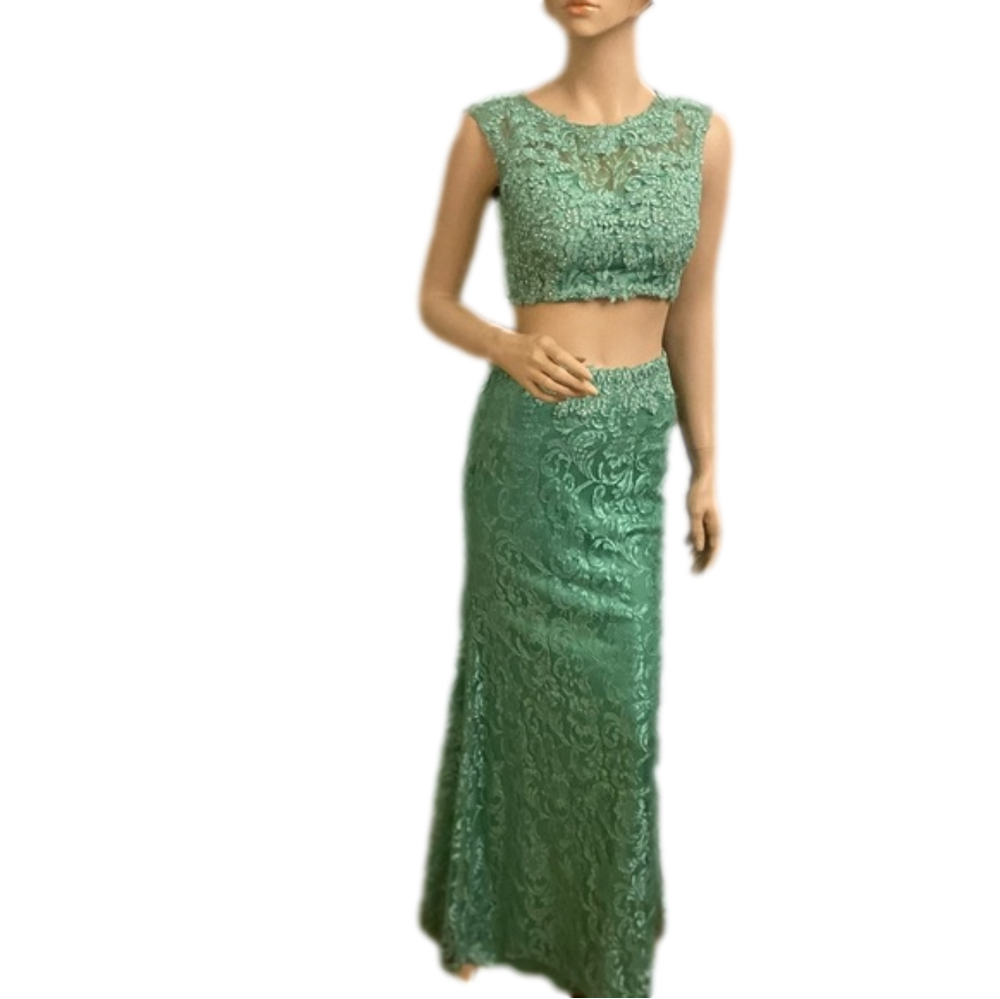 Two piece green formal dress by Clarisse